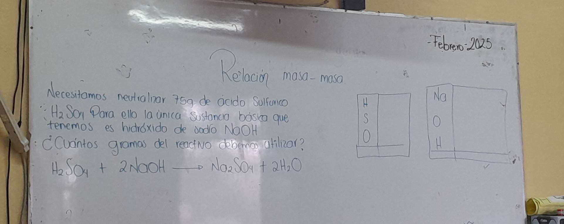 Febrero: 2025 
Reboom mosve mao 
B 
Aecesitamos newtialnar 75g de ocdo Solforice 
No
H_2 So Para ello la unica Sostanco baska que 
O 
tenemos es hidroxido de sodo NOOH 
CCuontos gramas del reactio debemos atilizor?H
H_2SO_4+2NaOHto Na_2SO_4+2H_2O
√