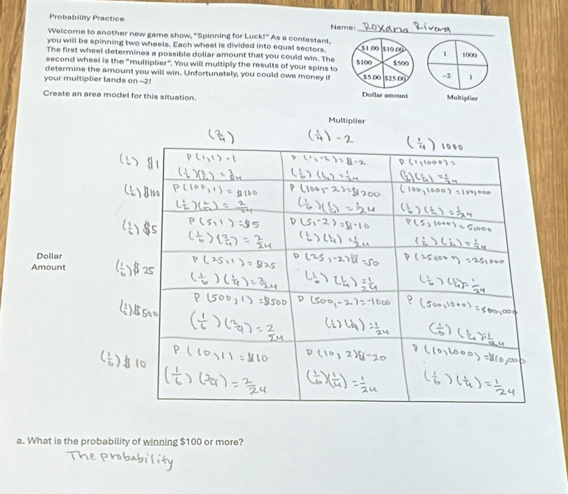 Probability Practice Name 
Welcome to another new game show, "Spinning for Luck!" As a contestant. 
you will be spinning two wheels. Each wheel is divided into equal sectors. 1 1000
The first wheel determines a possible dollar amount that you could win. The 
second wheel is the "multiplier". You will multiply the results of your spins to 
determine the amount you will win. Unfortunately, you could owe money if -2 1
your multiplier lands on --2! Multiplier 
Create an area model for this situation. 
a. What is the probability of winning $100 or more?