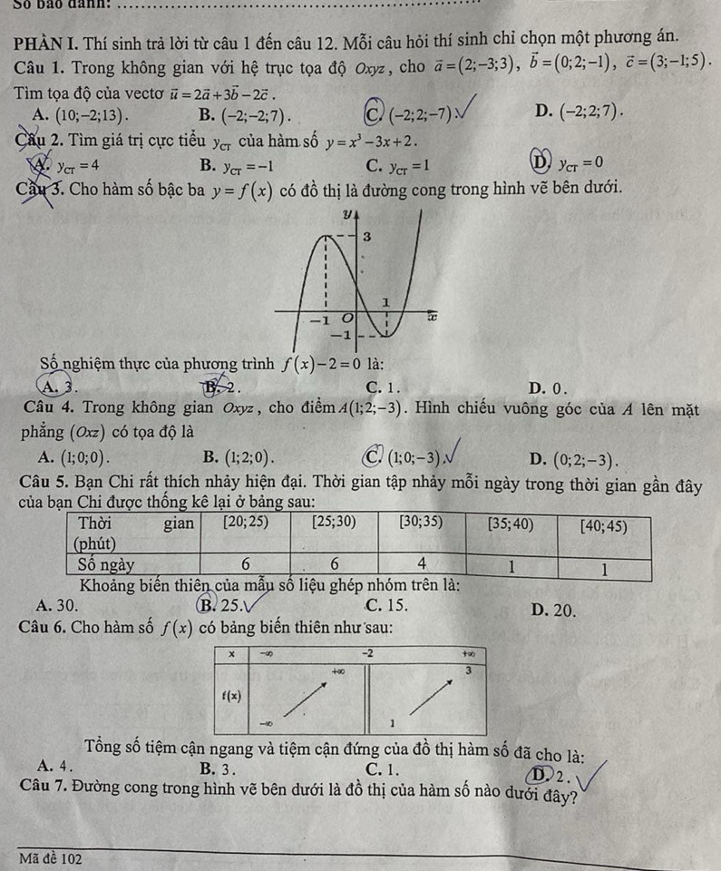 So bão dành:
PHÀN I. Thí sinh trả lời từ câu 1 đến câu 12. Mỗi câu hỏi thí sinh chỉ chọn một phương án.
Câu 1. Trong không gian với hệ trục tọa độ Oxyz, cho vector a=(2;-3;3),vector b=(0;2;-1),vector c=(3;-1;5).
Tìm tọa độ của vectơ vector u=2vector a+3vector b-2vector c.
A. (10;-2;13). B. (-2;-2;7). c (-2;2;-7) D. (-2;2;7).
Câu 2. Tìm giá trị cực tiểu y_cT của hàm số y=x^3-3x+2.
A y_cT=4
D
B. y_cr=-1 C. y_CT=1 y_cT=0
Câu 3. Cho hàm số bậc ba y=f(x) có đồ thị là đường cong trong hình vẽ bên dưới.
Số nghiệm thực của phương trình f(x)-2=0 là:
A. 3. B. 2 . C. 1 . D. 0 .
Câu 4. Trong không gian Oxyz, cho điểm A(1;2;-3). Hình chiếu vuông góc của A lên mặt
phẳng (Oxz) có tọa độ là
A. (1;0;0). B. (1;2;0). C (1;0;-3) D. (0;2;-3).
Câu 5. Bạn Chi rất thích nhảy hiện đại. Thời gian tập nhảy mỗi ngày trong thời gian gần đây
của bạn Chi được thống kê lại ở bảng sau:
Khoảng biến thiên của mẫu số liệu ghép nhóm trên là:
A. 30. B. 25. C. 15. D. 20.
Câu 6. Cho hàm số f(x) có bảng biến thiên như sau:
Tổng số tiệm cận ngang và tiệm cận đứng của đồ thị hàm số đã cho là:
A. 4 . B. 3 . C. 1.
D.2.
Câu 7. Đường cong trong hình vẽ bên dưới là đồ thị của hàm số nào dưới đây?
Mã đề 102