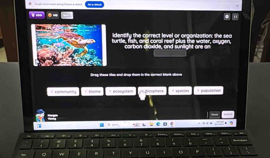 Gorogle recommends setting Chrome as default Set as default
@ 140 Bonus
Identify the correct level or organization: the sea
turtle, fish, and coral reef plus the water, oxygen,
carbon dioxide, and sunlight are an
Drag these tiles and drop them in the correct blank above
community ⊥ biome ecosystem biosphere species B population
Morgan Reent Submit
Veney
Search
yt m .
if= Q° 
DU . . Pri Son= nom Pp ==
a $ % ^ . ( 、 Rerisoas
2 3 4 5 6 8 9 。 -
1
、
Bab
w E R T Y 1 p