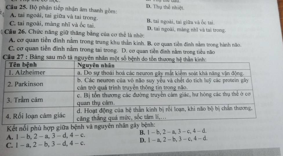 D. Thụ thể nhiệt.
Câu 25. Bộ phận tiếp nhận âm thanh gồm:
A. tai ngoài, tai giữa và tai trong. B. tai ngoài, tai giữa và ốc tai.
C. tai ngoài, màng nhĩ và ốc tai. D. tai ngoài, màng nhĩ và tai trong.
Câu 26. Chức năng giữ thăng bằng của cơ thể là nhờ:
A. cơ quan tiền đình nằm trong trung khu thần kinh. B. cơ quan tiền đình nằm trong hành não.
C. cơ quan tiền đình nằm trong tai trong. D. cơ quan tiền đình nằm trong tiểu não
Câu 27 : Bảng sau mô tả nguyê
Kết nối phù hợp giữa bệnh và nguyên nhân gây bện
A. 1 -b, 2-a, 3-d, 4-c. B. 1 - b, 2 - a, 3 - c, 4 - -d
C. 1-a, 2-b, 3-d, 4-c. D. 1 -a, 2-b , 3 - c, 4 - d.