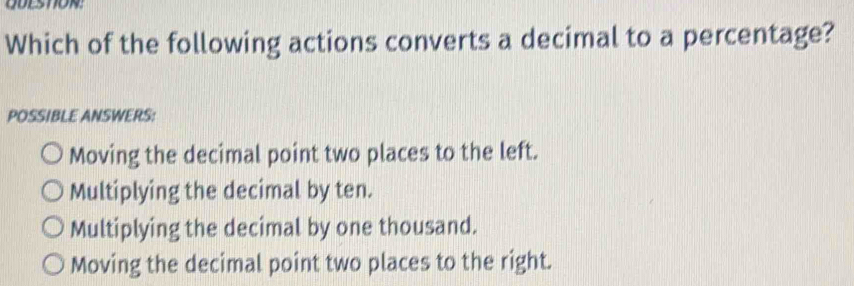 Solved: Which of the following actions converts a decimal to a ...