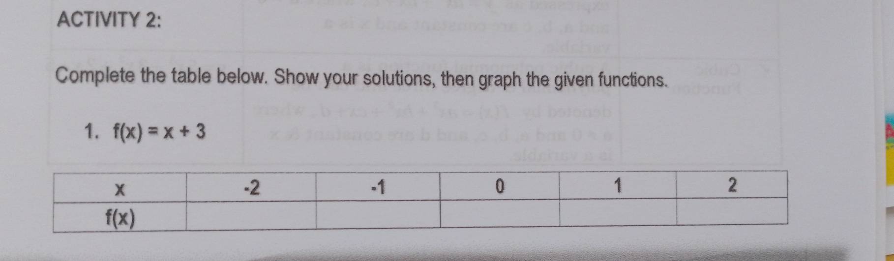 ACTIVITY 2:
Complete the table below. Show your solutions, then graph the given functions.
1. f(x)=x+3