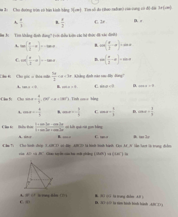 iu 2: Cho đường tròn có bán kính bằng 3(cm). Tìm số do (theo radian) của cung có độ dài 3π (cm).
A.  π /3  B.  π /2  C. 2π. D. π
ầu 3: Tìm khăng định đúng? (với điều kiện các hệ thức đã xác định)
A. tan ( π /2 -alpha )=-tan alpha cos ( π /2 -alpha )=sin alpha. 
B.
C. cot ( π /2 -alpha )=-tan alpha sin ( π /2 -alpha )=sin alpha
D.
Câu 4: Cho góc α thòa mãn  5π /2  <3π Khẳng định nảo sau dây dúng?
A. tan alpha <0</tex>. B. cot alpha >0. C. sin alpha <0</tex>. D. cos alpha >0. 
Câu 5: Cho sin alpha = 4/5 , (90° <180°). Tinh cosα bằng
A. cos alpha =- 4/5  B. cos alpha =- 3/5  C. cos alpha = 5/3  D. cos alpha = 3/5 
Câu 6: Biểu thức  (1+sin 2alpha -cos 2alpha )/1+sin 2alpha +cos 2alpha   có kết quả rút gọn bằng:
A. sin alpha. B. cos alpha C. tan alpha D. tan 2alpha
Câu 7: Cho hình chóp S.ABCD có đây ABCD là hình bình hành. Gọi M N lần lượt là trung điễm
của AD và BC. Giao tuyển của hai mặt phăng (SMN) và (SAC) là:
A. SF (F là trung điểm CD) B. SG (G là trung điểm AB )
C. SD D. SO ( O là tâm hình bình hành ABCD ).