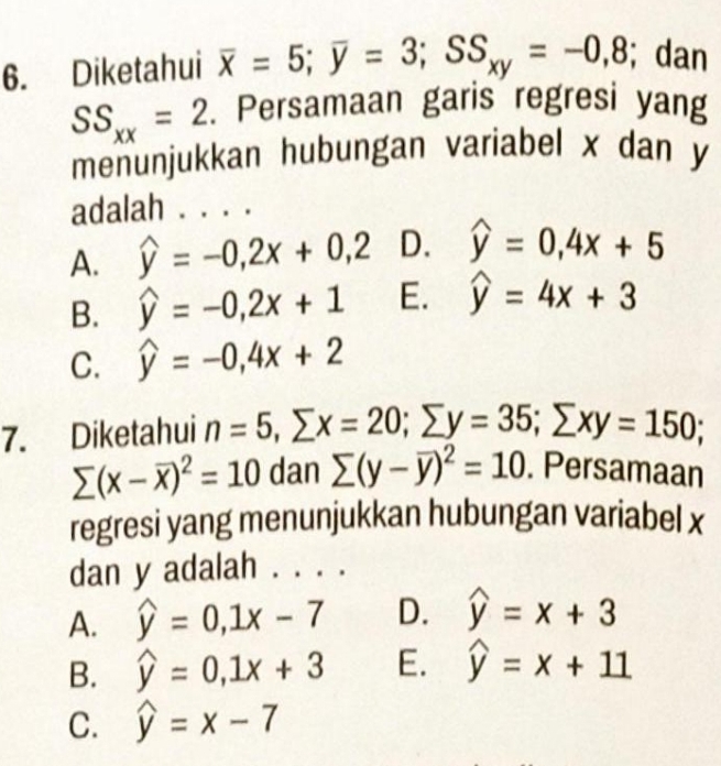 Diketahui overline x=5; overline y=3; SS_xy=-0,8; dan
SS_xx=2. Persamaan garis regresi yang
menunjukkan hubungan variabel x dan y
adalah . . . .
A. widehat y=-0,2x+0,2 D. widehat y=0,4x+5
B. widehat y=-0, 2x+1 E. widehat y=4x+3
C. widehat y=-0, 4x+2
7. Diketahui n=5, sumlimits x=20; sumlimits y=35; sumlimits xy=150;
sumlimits (x-overline x)^2=10 dan sumlimits (y-overline y)^2=10. Persamaan
regresi yang menunjukkan hubungan variabel x
dan y adalah . . . .
A. widehat y=0, 1x-7 D. widehat y=x+3
B. widehat y=0,1x+3 E. widehat y=x+11
C. widehat y=x-7