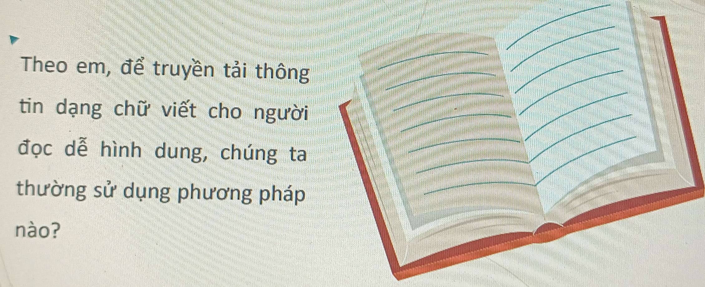 Theo em, để truyền tải thông 
tin dạng chữ viết cho người 
đọc dễ hình dung, chúng ta 
thường sử dụng phương pháp 
nào?