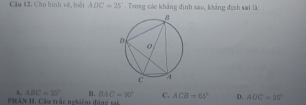 Cho hình vẽ, biết ADC=25°. Trong các khăng định sau, khẳng định sai là:
A. ABC=25° B. BAC=90° C, ACB=65° D. AOC=25°
PHẢN II. Câu trắc nghiệm đúng a