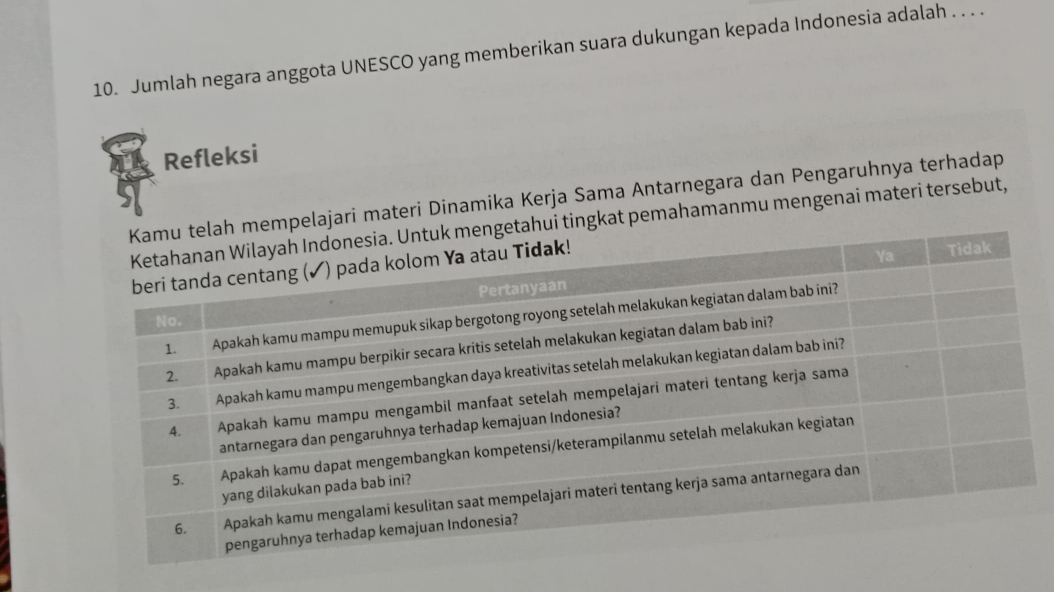 Jumlah negara anggota UNESCO yang memberikan suara dukungan kepada Indonesia adalah . . . . 
Refleksi 
mpelajari materi Dinamika Kerja Sama Antarnegara dan Pengaruhnya terhadap 
i tingkat pemahamanmu mengenai materi tersebut,