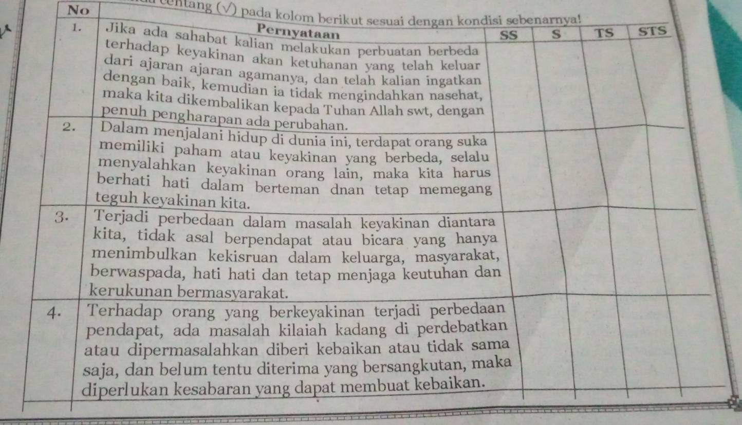 No 
ce tang (√) pada kolom berikut sesuai dengan kondisi sebenarnya!