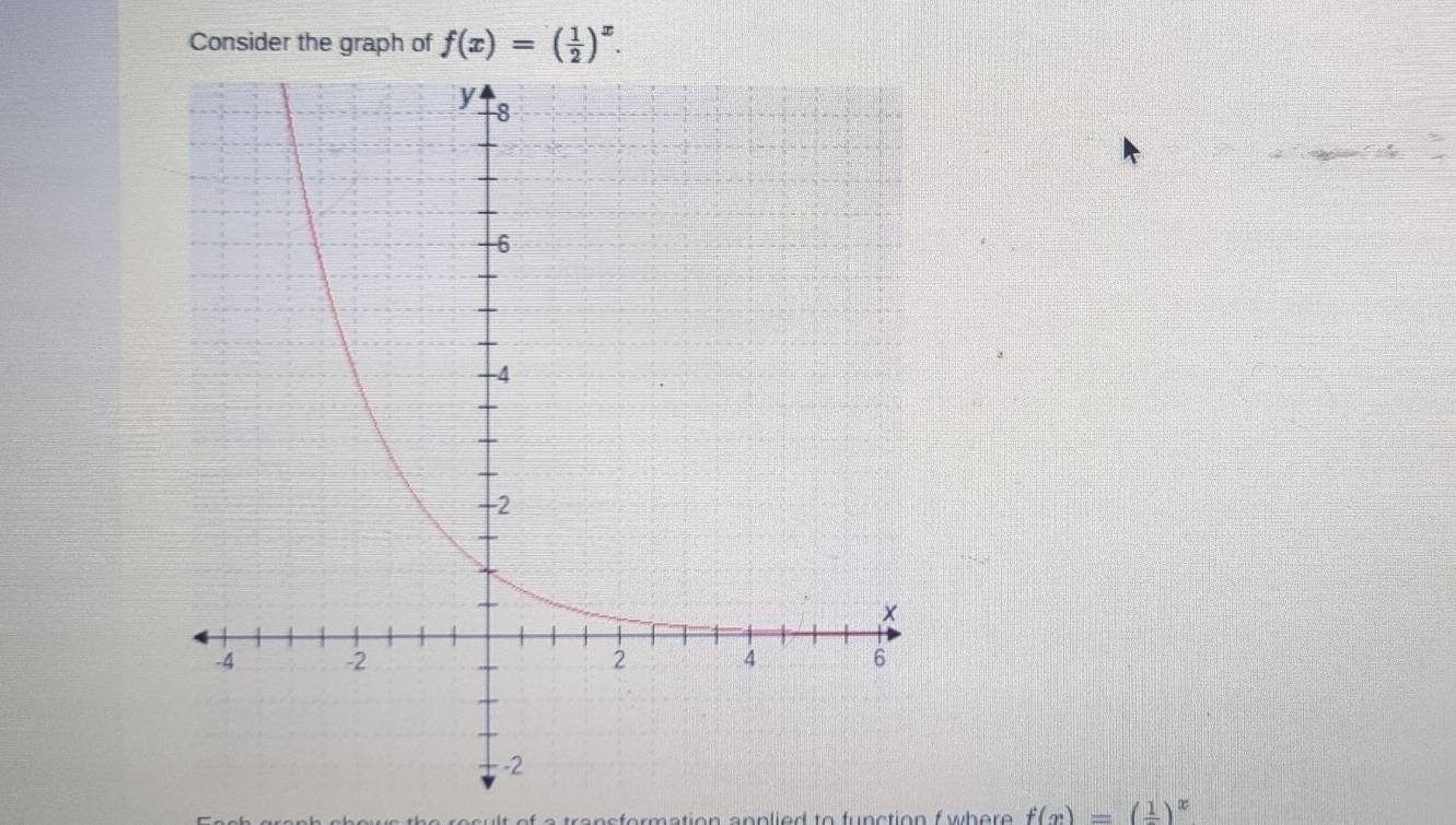 Consider the graph of f(x)=( 1/2 )^x.
f(x)=(frac 1)^x