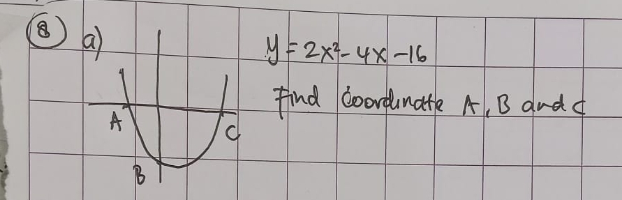 a
y=2x^2-4x-16
A 
Find coordunate A, B gudd 
C 
B