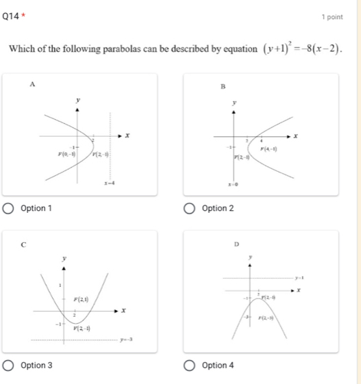 Which of the following parabolas can be described by equation (y+1)^2=-8(x-2).
A
B
y
x
-1 P(4,-1)
P(2-t)
x-0
Option 1 Option 2
C
D
y
y=1
x
-1 g(2-0)
3 F(2,-3)
Option 3 Option 4