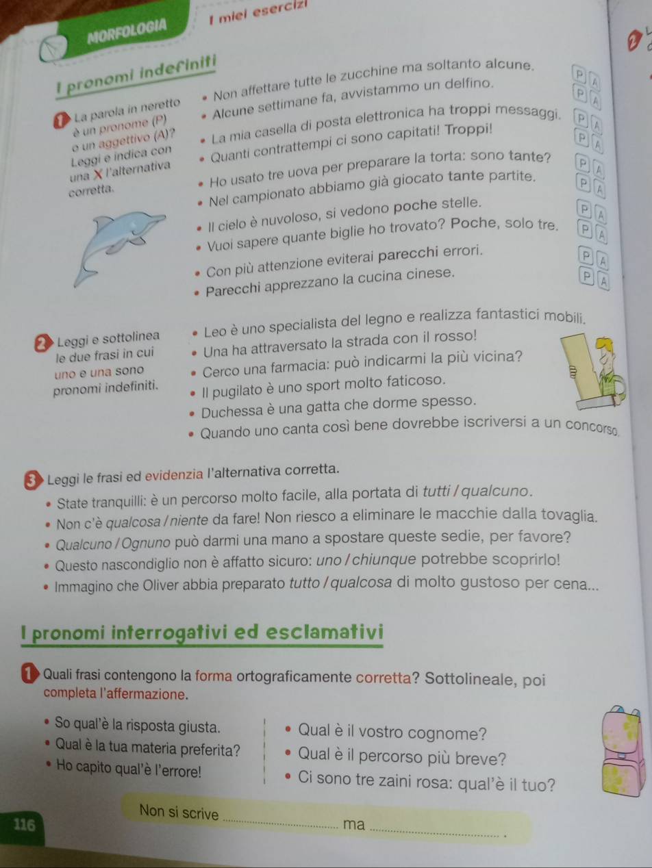 MORFOLOGIA 1 miei eserciz
I pronomi indefiniti
p
La parola in neretto Non affettare tutte le zucchine ma soltanto alcune.
è un pronome (P) Alcune settimane fa, avvistammo un delfino.
A
o un aggettivo (A)? La mia casella di posta elettronica ha troppi messaggi.
p
A
una × l'alternativa Quanti contrattempi ci sono capitati! Troppi!
Leggi e indica con
corretta. Ho usato tre uova per preparare la torta: sono tante?
p
P
Nel campionato abbiamo già giocato tante partite. A
P
II cielo è nuvoloso, si vedono poche stelle. A
Vuoi sapere quante biglie ho trovato? Poche, solo tre. P
A
Con più attenzione eviterai parecchi errori.
P
A
Parecchi apprezzano la cucina cinese.
P
Leggi e sottolinea Leo è uno specialista del legno e realizza fantastici mobili.
le due frasi in cui Una ha attraversato la strada con il rosso!
uno e una sono  Cerco una farmacia: può indicarmi la più vicina?
3
pronomi indefiniti. Il pugilato è uno sport molto faticoso.
Duchessa è una gatta che dorme spesso.
Quando uno canta così bene dovrebbe iscriversi a un concorso
3> Leggi le frasi ed evidenzia l'alternativa corretta.
State tranquilli: è un percorso molto facile, alla portata di tutti /qualcuno.
Non c'è qualcosa /niente da fare! Non riesco a eliminare le macchie dalla tovaglia.
Qualcuno / Ognuno può darmi una mano a spostare queste sedie, per favore?
Questo nascondiglio non è affatto sicuro: uno / chiunque potrebbe scoprirlo!
Immagino che Oliver abbia preparato tutto /qualcosa di molto gustoso per cena...
I pronomi interrogativi ed esclamativi
>Quali frasi contengono la forma ortograficamente corretta? Sottolineale, poi
completa l'affermazione.
So qual'è la risposta giusta. Qual è il vostro cognome?
Qual è la tua materia preferita? Qual è il percorso più breve?
Ho capito qual'è l'errore! Ci sono tre zaini rosa: qual'è il tuo?
_
Non si scrive
116 ma
_
.