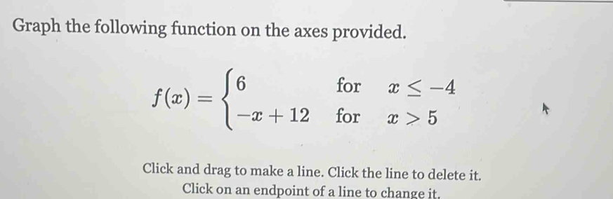 Graph the following function on the axes provided.
f(x)=beginarrayl 6forx≤ -4 -x+12forx>5endarray.
Click and drag to make a line. Click the line to delete it. 
Click on an endpoint of a line to change it.