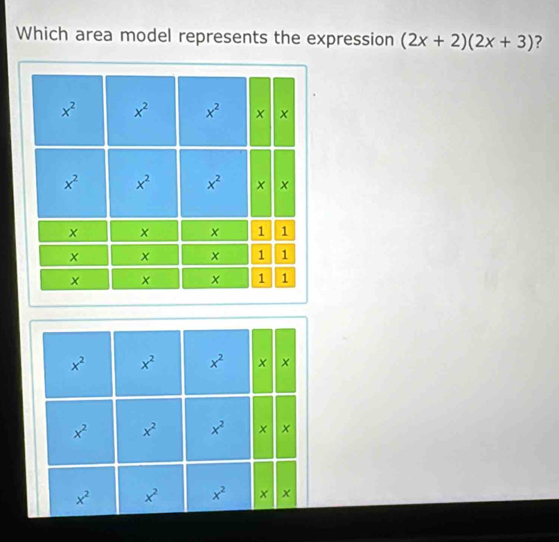 Which area model represents the expression (2x+2)(2x+3) ?
x^2 x^2 x^2 ×
x^2 x^2 x^2 x
x^2 x^2 x^2 × x