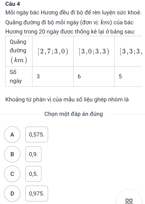 Mỗi ngày bác Hương đều đi bộ để rèn luyện sức khoẻ.
Quãng đường đi bộ mỗi ngày (đơn vị: km) của bác
Hương trong 20 ngày được thống kê lại ở bảng sau:
Khoảng tứ phân vị của mẫu số liệu ghép nhóm là
Chọn một đáp án đúng
A 0,575.
B 0,9.
C 0,5.
D 0,975.