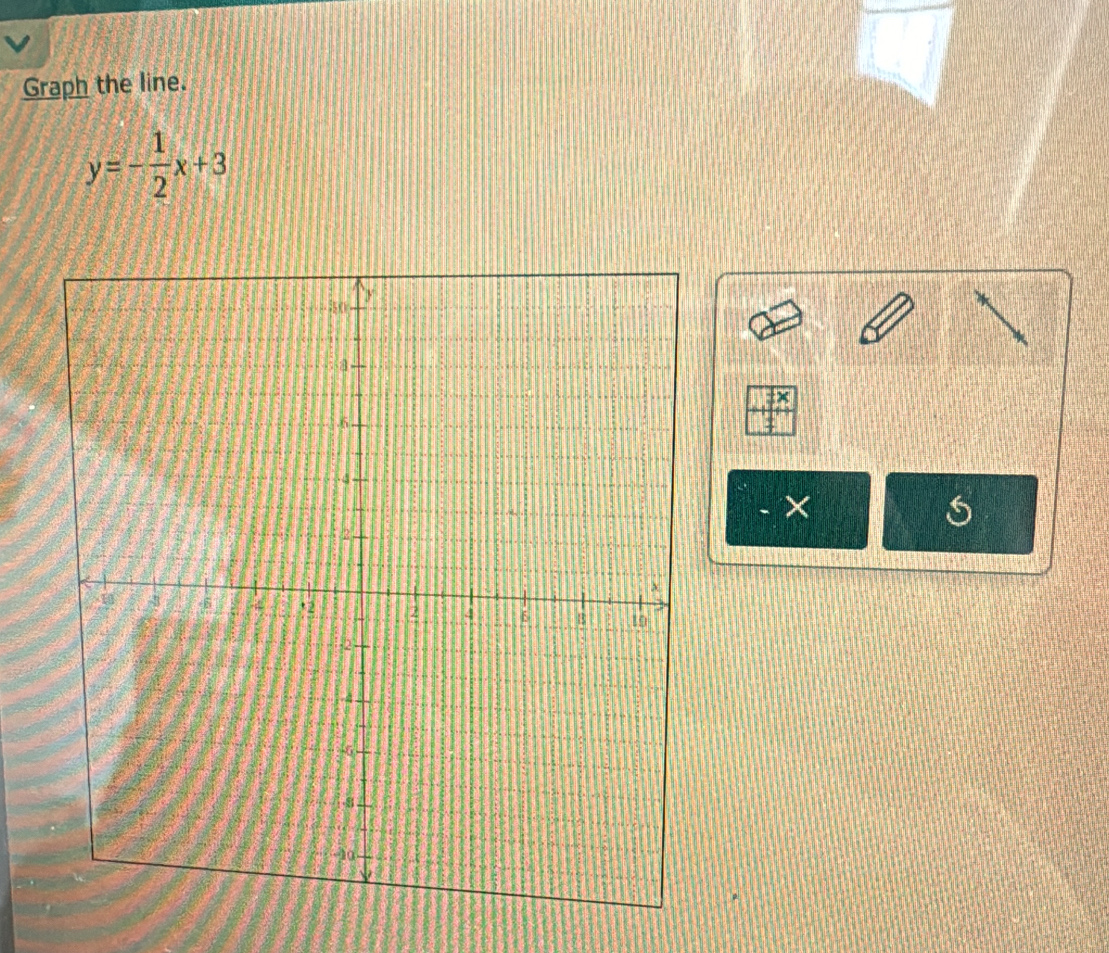 Graph the line.
y=- 1/2 x+3
- × S