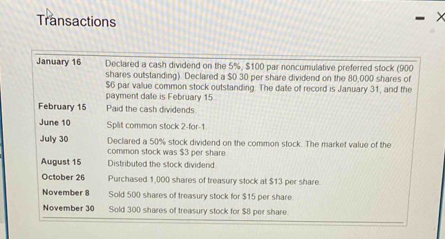 Transactions 
January 16 Declared a cash dividend on the 5%, $100 par noncumulative preferred stock (900
shares outstanding). Declared a $0.30 per share dividend on the 80,000 shares of
$6 par value common stock outstanding. The date of record is January 31, and the 
payment date is February 15. 
February 15 Paid the cash dividends 
June 10 Split common stock 2 -for-1. 
July 30 Declared a 50% stock dividend on the common stock. The market value of the 
common stock was $3 per share. 
August 15 Distributed the stock dividend 
October 26 Purchased 1,000 shares of treasury stock at $13 per share. 
November 8 Sold 500 shares of treasury stock for $15 per share 
November 30 Sold 300 shares of treasury stock for $8 per share.