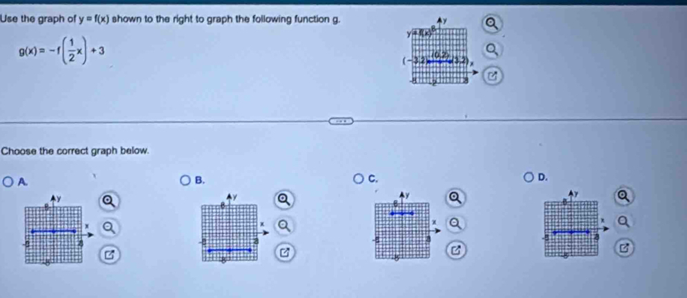 Use the graph of y=f(x) shown to the right to graph the following function g. y
g(x)=-f( 1/2 x)+3

Choose the correct graph below.
A.
B.
C.
D.
AY
AY
y
y
x
χ
x
a
-8 8
z
z
z