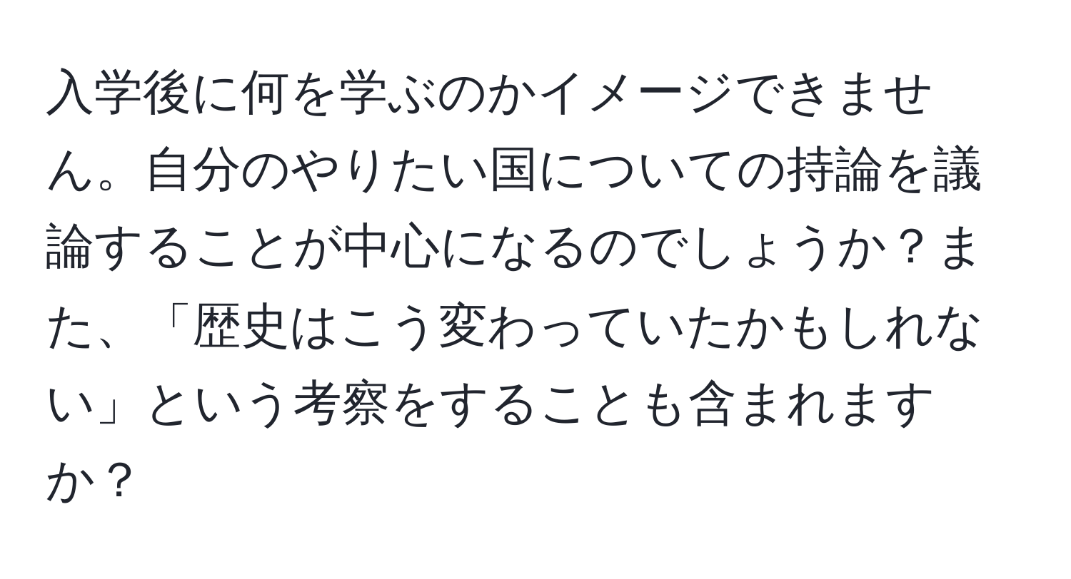 入学後に何を学ぶのかイメージできません。自分のやりたい国についての持論を議論することが中心になるのでしょうか？また、「歴史はこう変わっていたかもしれない」という考察をすることも含まれますか？