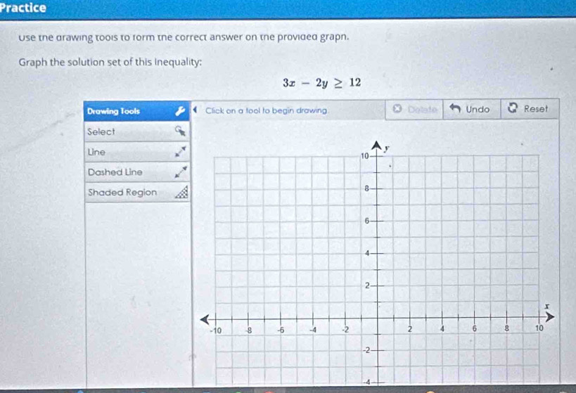 Practice 
Use the drawing toois to form the correct answer on the provided grapn. 
Graph the solution set of this Inequality:
3x-2y≥ 12
Drawing Tools Click on a tool to begin drawing Delate Undo Reset 
Select 
Line 
Dashed Line 
Shaded Region
-4