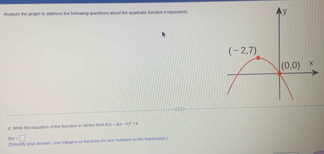 Analyze the graph to address the following questions about the quadratic function it represents.
d. Write the equattion of the function in vertex form f(x)=a(x-h)^2+k
f(x)=□
(Simplify your answer. Use integers or tractions for any numbers in the expression )