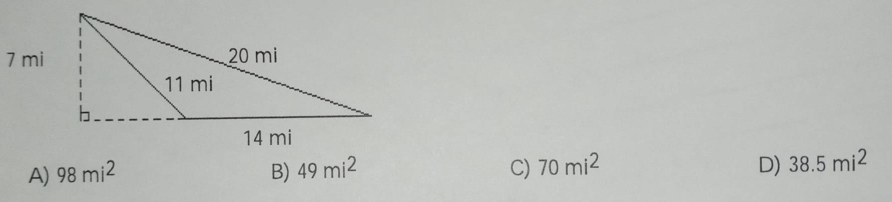 D)
A) 98mi^2 B) 49mi^2 C) 70mi^2 38.5mi^2