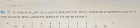 -1
1② To draw a ray, plot an endpoint and select an arrow. Select an endpoint to change it 
from closed to open. Select the middle of the ray to delete it.
-10 -8 -6 -4 -2 0 2 4 6 8 10