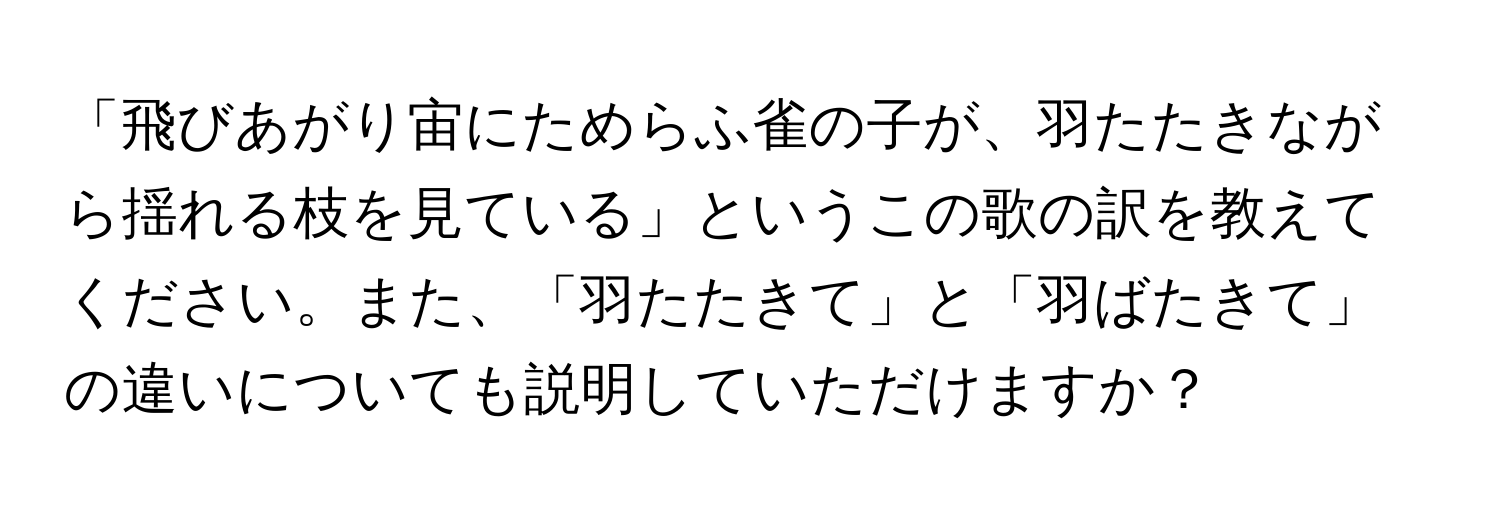 「飛びあがり宙にためらふ雀の子が、羽たたきながら揺れる枝を見ている」というこの歌の訳を教えてください。また、「羽たたきて」と「羽ばたきて」の違いについても説明していただけますか？