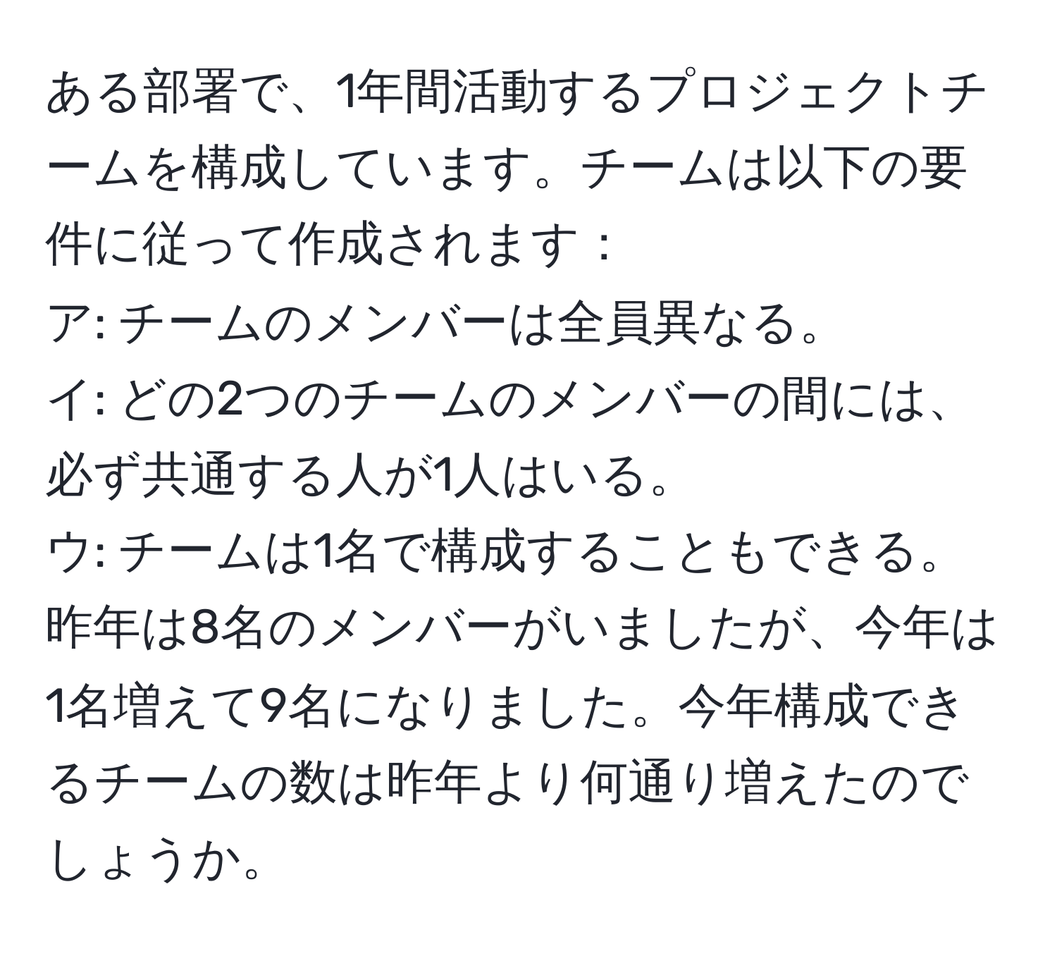 ある部署で、1年間活動するプロジェクトチームを構成しています。チームは以下の要件に従って作成されます：  
ア: チームのメンバーは全員異なる。  
イ: どの2つのチームのメンバーの間には、必ず共通する人が1人はいる。  
ウ: チームは1名で構成することもできる。  
昨年は8名のメンバーがいましたが、今年は1名増えて9名になりました。今年構成できるチームの数は昨年より何通り増えたのでしょうか。