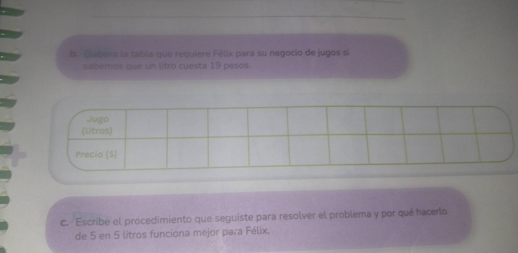 Elabora la tabla que requiere Félix para su negocio de jugos si 
sabemos que un litro cuesta 19 pesos. 
Jugo 
(litros) 
Precio ($) 
c. Escribe el procedimiento que seguiste para resolver el problema y por qué hacerlo 
de 5 en 5 litros funciona mejor para Félix.