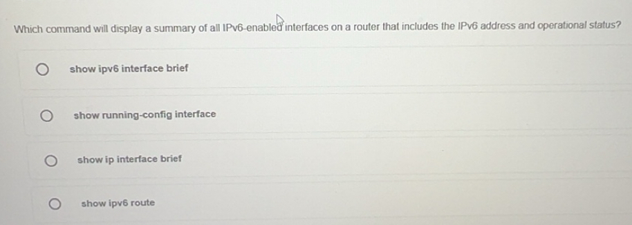 Solved: Which command will display a summary of all IPv6-enabled ...