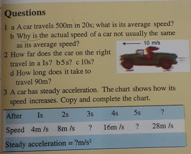 a A car travels 500m in 20s; what is its average speed?
b Why is the actual speed of a car not usually the same
as its average speed?
2 How far does the car on the right
travel in a Is? b5s? c 10s?
d How long does it take to
travel 90m?
3 A car has steady acceleration. The chart shows how its
speed increases. Copy and complete the chart.