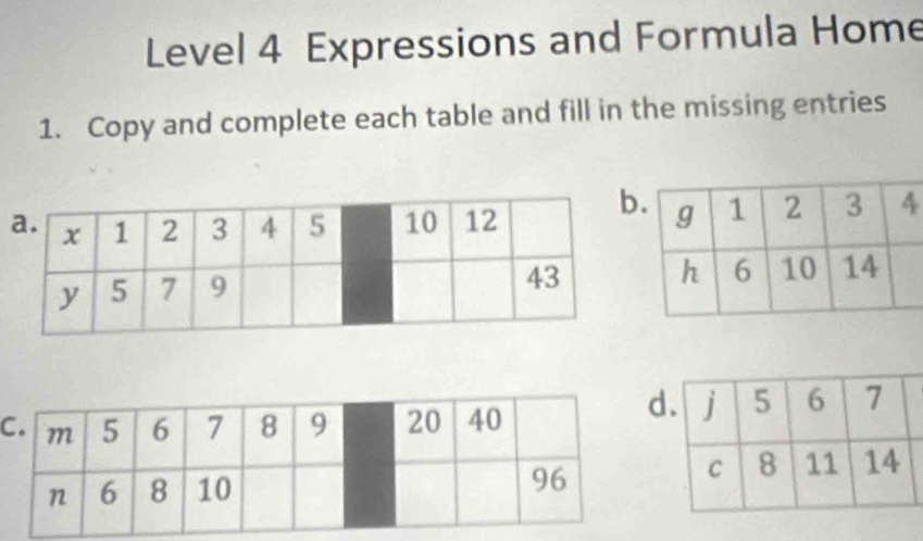 Level 4 Expressions and Formula Home 
1. Copy and complete each table and fill in the missing entries 
C