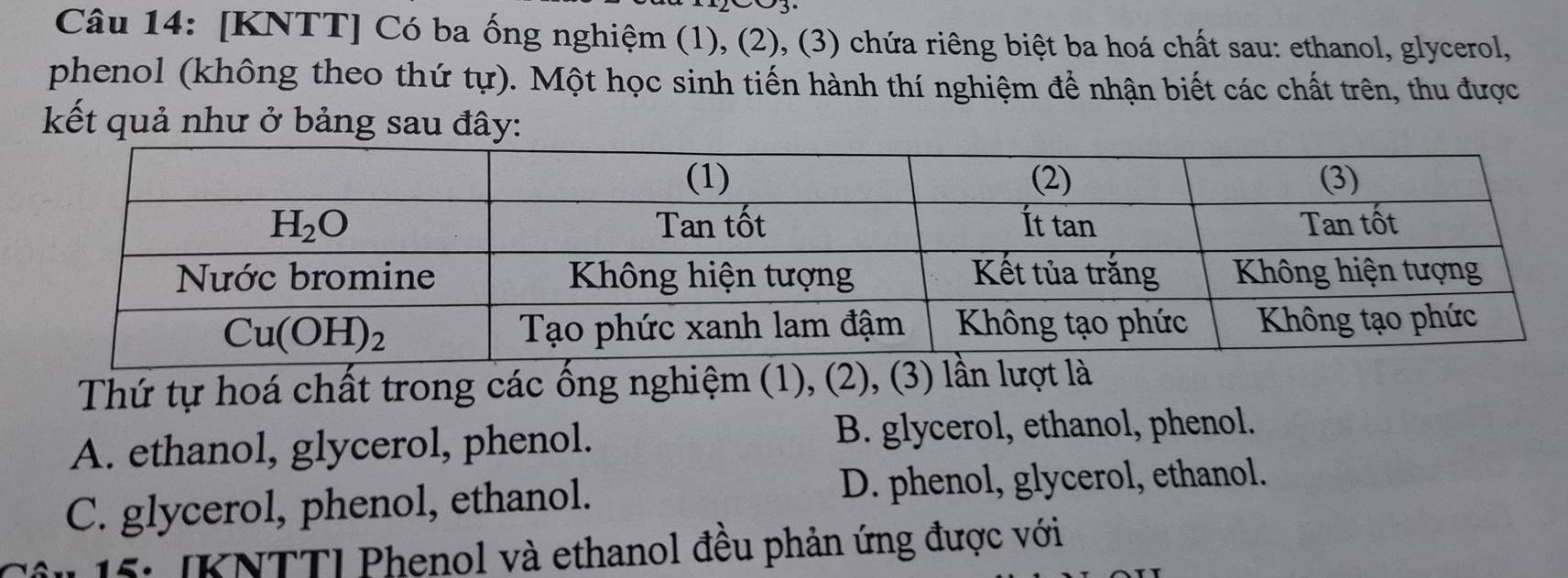 [KNTT] Có ba ống nghiệm (1), (2), (3) chứa riêng biệt ba hoá chất sau: ethanol, glycerol,
phenol (không theo thứ tur) 0. Một học sinh tiến hành thí nghiệm để nhận biết các chất trên, thu được
kết quả như ở bảng sau đây:
Thứ tự hoá chất trong các ống nghiệm (1), (2), (3) lần lưà
A. ethanol, glycerol, phenol. B. glycerol, ethanol, phenol.
C. glycerol, phenol, ethanol. D. phenol, glycerol, ethanol.
*    15: [KNTTI Phenol và ethanol đều phản ứng được với