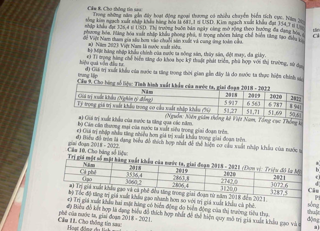 Cho thông tin sau:
Trong những năm gần đây hoạt động ngoại thương có nhiều chuyển biến tích cực, Năm 202
tổng kim ngạch xuất nhập khẩu hàng hóa là 681,1 tỉ USD. Kim ngạch xuất khẩu đạt 354,7 tí USN
nhập khẩu đạt 326,4 tỉ USD. Thị trường buôn bán ngày cảng mở rộng theo hướng đa đạng hỏa, 6 tǎn
phương hóa. Hàng hóa xuất nhập khẩu phong phú, tỉ trọng nhóm hàng chế biến tăng tạo điều Câ
đề Việt Nam tham gia sâu hơn vào chuỗi sản xuất và cung ứng toàn cầu.
a) Năm 2023 Việt Nam là nước xuất siêu.
b) Mặt hàng nhập khẩu chính của nước ta nông sản, thủy sản, dệt may, da giày.
c) Ti trọng hàng chế biển tăng do khoa học kỹ thuật phát triển, phủ hợp với thị trường, sử dự
hiệu quả vốn đầu tư.
d) Giá trị xuất khẩu của nước ta tăng trong thời gian gần đây là do nước ta thực hiện chính sác
trung lập
Câu 9. Ch
kê Việt Nam, Tổng cục Thống kê
uất khẩu của nước ta tăng qua các năm.
b) Cán cân thương mại của nước ta xuất siêu trong giai đoạn trên.
c) Giá trị nhập nhầu tăng nhiều hơn giá trị xuất khẩu trong giai đoạn trên.
d) Biểu đồ tròn là đạng biểu đồ thích hợp nhất đề thể hiện cơ cấu xuất nhập khẩu của nước t
giai đoạn 2018 - 2022.
Câu 10. Cho bảng số liệu:
Trị giá mộ
)
u
l
ơn so với trị giá xuất khẩu cà phê. thuật
sống
Trị giá xuất khẩu hai mặt hàng có biển động do biển động của thị trường tiêu thụ. động
phê của nước ta, giai đoạn 2018 - 2021. d) Biểu đồ kết hợp là dạng biểu đồ thích hợp nhất đề thể hiện quy mô trị giá xuất khẩu gạo và đ a)
Câu 11. Cho thông tin sau:
Hoat động du lịch