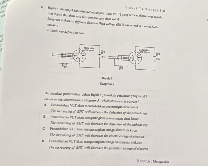 elekt
posi'
Ticket To Victory | 138
ola.
6 Rajah 4 menunjukkan satu voltan lampau tinggi (VLT) yang berbeza disambung kepada
kat
plat logam di dalam satu tiub pemesongan sinar katod
Diagram 4 shows a different Extreme High voltage (EHT) connected to a metal plate
inside a
cathode ray defelction tube
a
al
n
Berdasarkan pemerhatian dalam Rajah 5 , manakah penyataan yang betul ?
Based on the observation in Diagram 5 , which statement is correct ?
A Penambahan VLT akan menambahkan pemesongan sinar katod
The increasing of EHT will increase the deflection of the cathode ray
B Penambahan VLT akan mengurangkan pemesongan sinar katod
The increasing of EHT will decrease the deflection of the cathode ray
C Penambahan VLT akan mengurangkan tenaga kinetik elektron
The increasing of EHT will decrease the kinetic energy of electron
D Penambahan VLT akan mengurangkan tenaga keupayaan elektron
The increasing of EHT will decrease the potential energy of electron
Konstruk : Menganalis