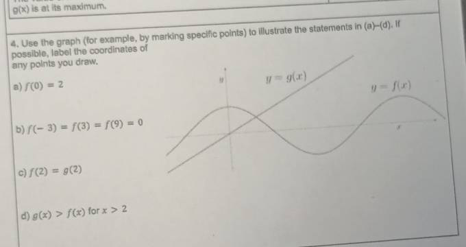 g(x) is at its maximum.
4. Use the graph (for example, by marking specific points) to illustrate the statements in (a)-(d). If
possible, label the coordinates of
any points you draw.
a) f(0)=2
b) f(-3)=f(3)=f(9)=0
c) f(2)=g(2)
d) g(x)>f(x) for x>2