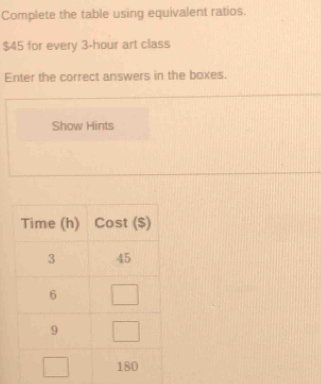 Complete the table using equivalent ratios.
$45 for every 3-hour art class 
Enter the correct answers in the boxes. 
Show Hints