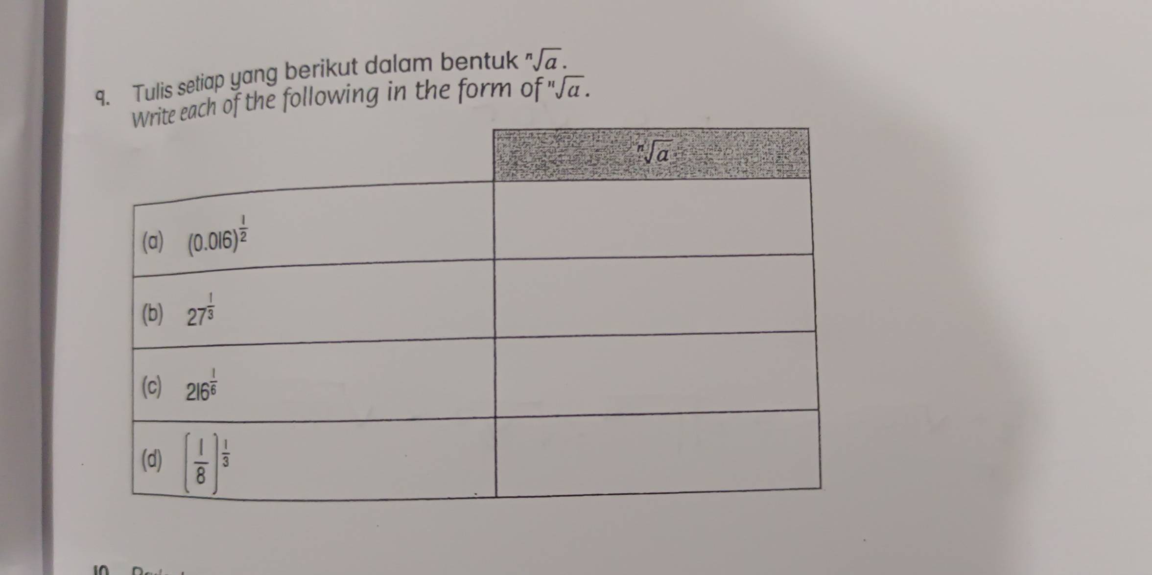 Tulis setiap yang berikut dalam bentuk sqrt[n](a).
of the following in the form of ''sqrt(a).