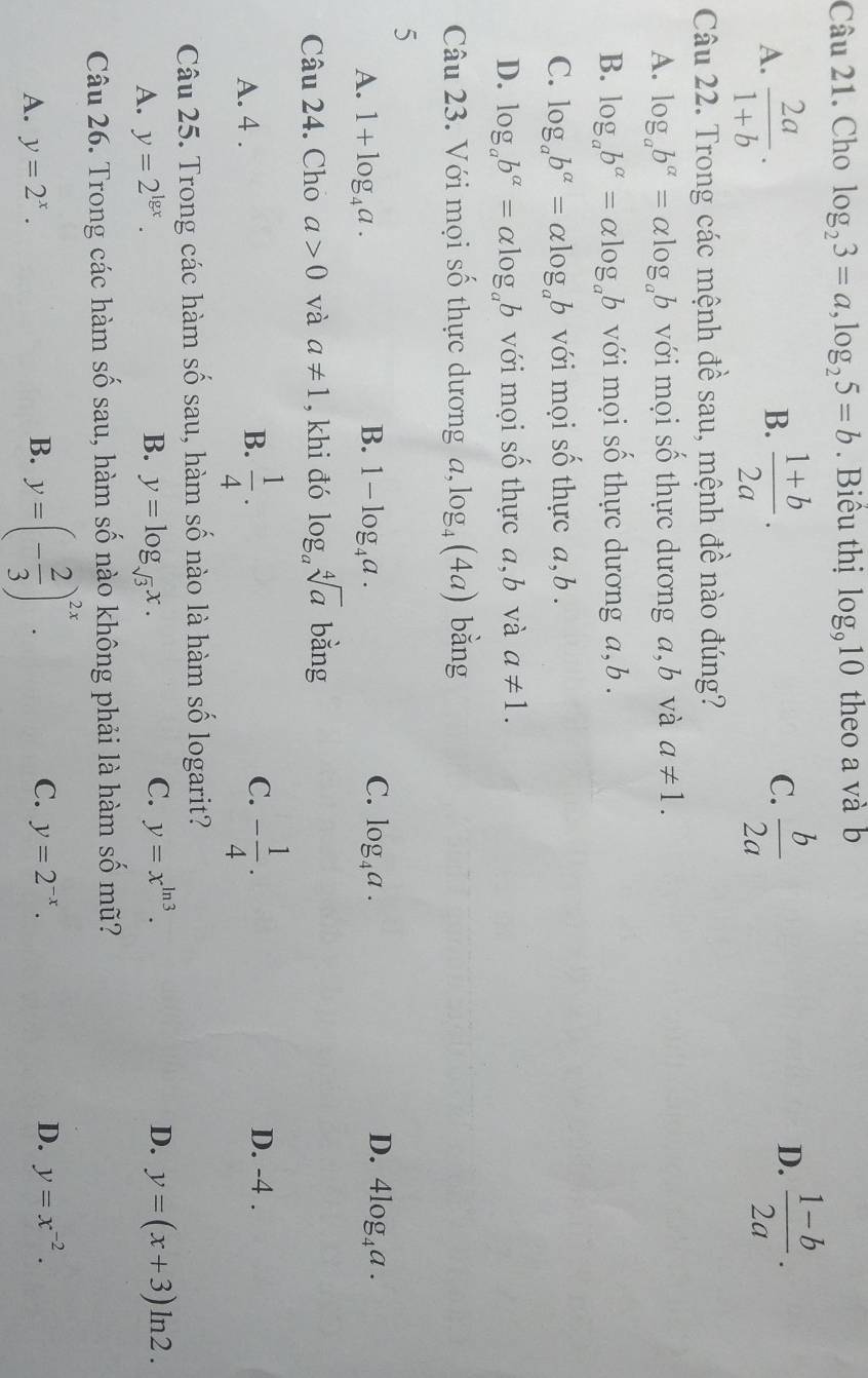 Cho log _23=a,log _25=b. Biểu thị log _910 theo a và b
A.  2a/1+b ·  (1+b)/2a .  b/2a 
B.
C.
D.  (1-b)/2a .
Câu 22. Trong các mệnh đề sau, mệnh đề nào đúng?
A. log _ab^(alpha)=alpha log _ab với mọi số thực dương a,b và a!= 1.
B. log _ab^(alpha)=alpha log _ab với mọi số thực dương a,b .
C. log _ab^(alpha)=alpha log _ab với mọi số thực a,b .
D. log _ab^(alpha)=alpha log _ab với mọi số thực a,b và a!= 1.
Câu 23. Với mọi số thực dương a,log _4(4a) bằng
5
C.
D.
A. 1+log _4a. B. 1-log _4a. log _4a. 4log _4a.
Câu 24. Cho a>0 và a!= 1 , khi đó log _asqrt[4](a) bằng
A. 4 .
B.  1/4 · - 1/4 .
C. D. -4 .
Câu 25. Trong các hàm số sau, hàm số nào là hàm số logarit?
C.
A. y=2^(lg x). B. y=log _sqrt(3)x. y=x^(ln 3). D. y=(x+3)ln 2.
Câu 26. Trong các hàm số sau, hàm số nào không phải là hàm số mũ?
A. y=2^x. B. y=(- 2/3 )^2x.
C. y=2^(-x). D. y=x^(-2).