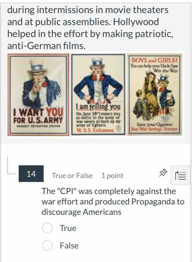 during intermissions in movie theaters
and at public assemblies. Hollywood
helped in the effort by making patriotic,
anti-German fılms.
14 True or False 1 point
The ''CPI'' was completely against the
war effort and produced Propaganda to
discourage Americans
True
False