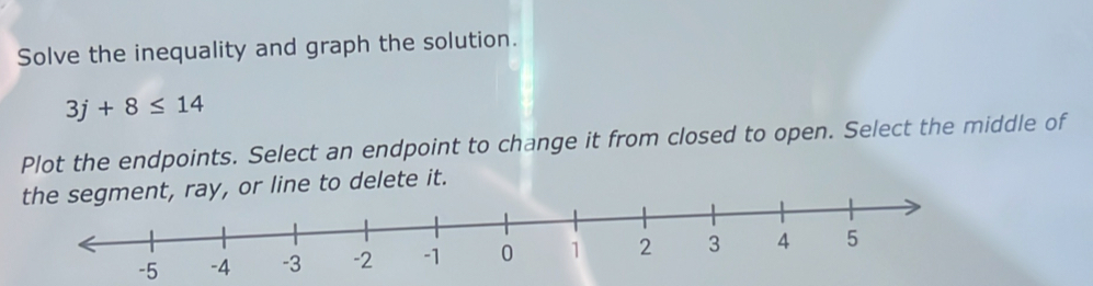 Solve the inequality and graph the solution.
3j+8≤ 14
Plot the endpoints. Select an endpoint to change it from closed to open. Select the middle of 
th it.
-5