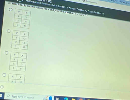 MEN1 #2 
Adobe Acrobat 
L95274717879958126 
Mathematics 8 Section 18VC / Quarter 1 / Week of October 7 / Friday, October 1 
20. Which table shows values for x and y for the equation y=-2x+5 ?
x y
4 -3
Type here to search