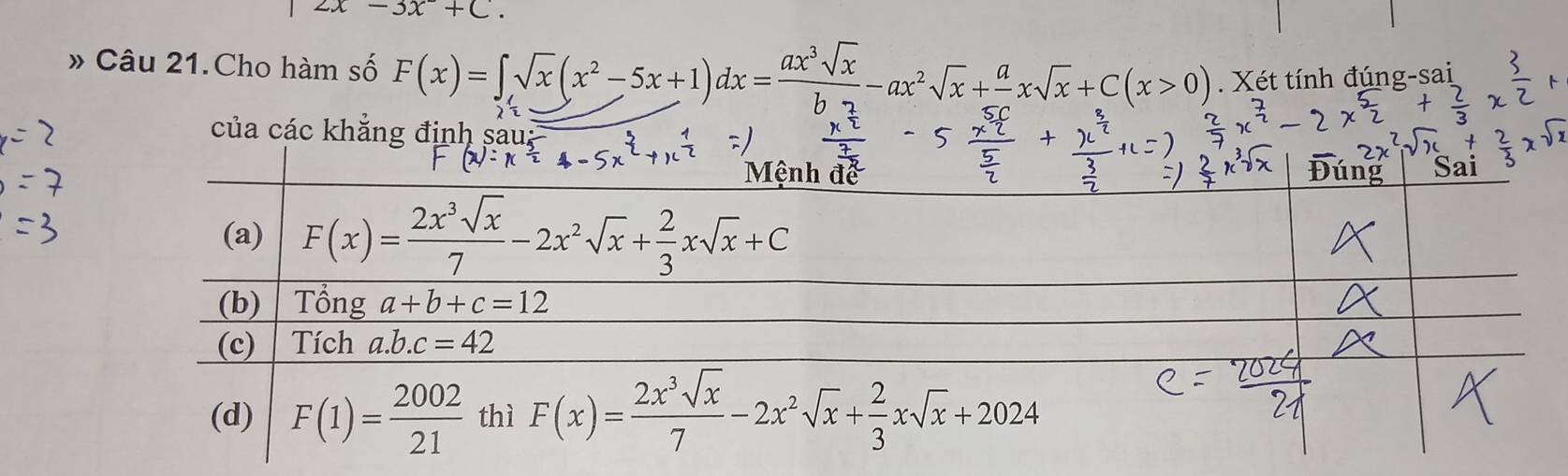 2x-3x^-+C.
» Câu 21.Cho hàm số F(x)=∈tlimits _ell sqrt(x)(x^2-5x+1)θ  )dx= ax^3sqrt(x)/b -ax^2sqrt(x)+frac axsqrt(x)+C(x>0). Xét tính đúng-sai