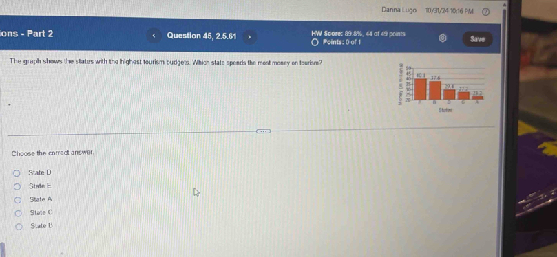 Danna Lugo 10/31/24 10:16 PM
ions - Part 2 Question 45, 2.5.61 HW Score: 89.8%, 44 of 49 points Save
Points: 0 of 1
The graph shows the states with the highest tourism budgets. Which state spends the most money on tourism?
Choose the correct answer
State D
State E
State A
State C
State B