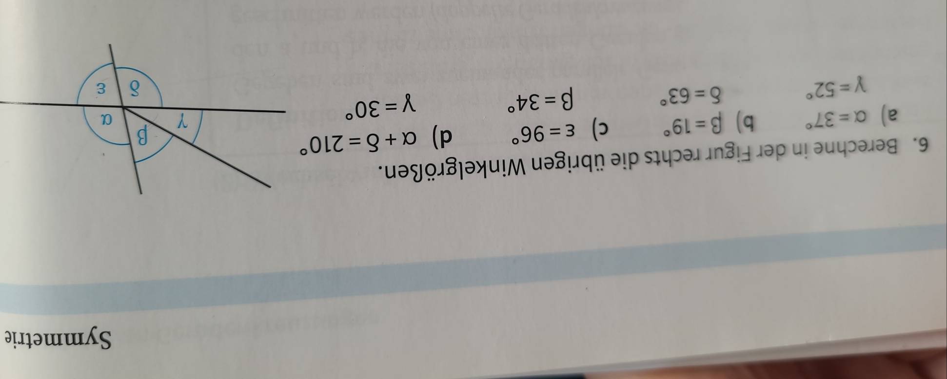 Symmetrie
6. Berechne in der Figur rechts die übrigen Winkelgrößen.
a) alpha =37° b) beta =19° c) varepsilon =96° d) alpha +delta =210°
gamma =52°
delta =63°
beta =34°
gamma =30°