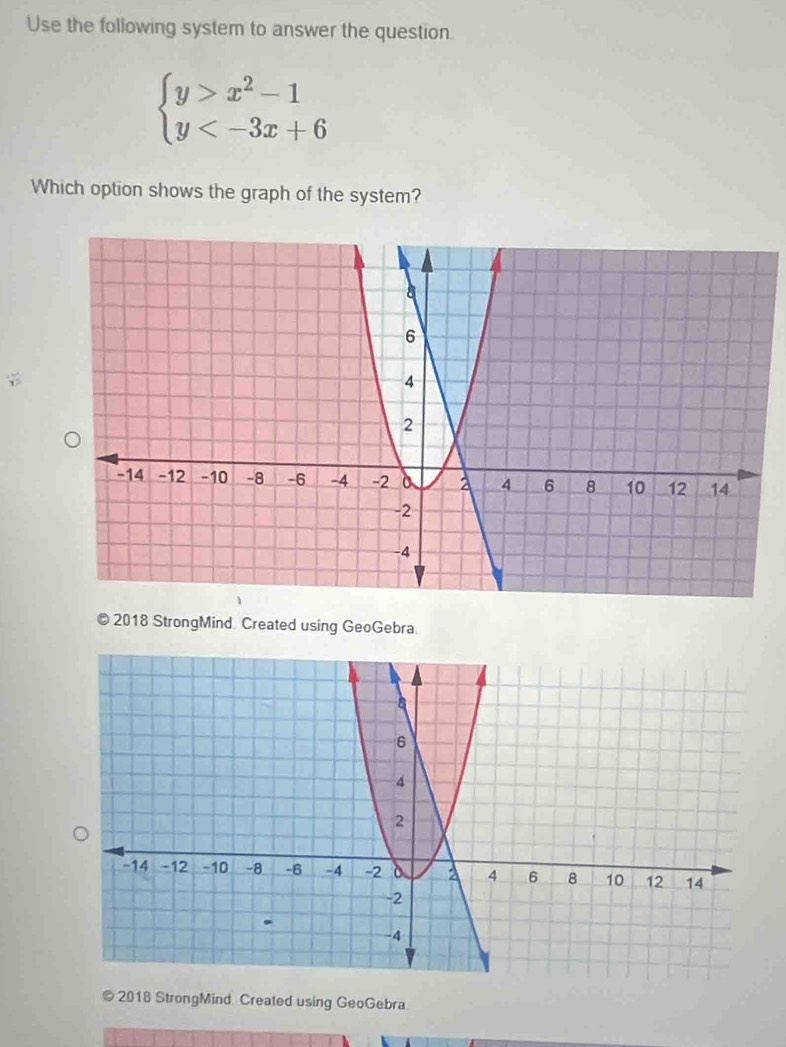 Use the following system to answer the question.
beginarrayl y>x^2-1 y
Which option shows the graph of the system? 
© 2018 StrongMind Created using GeoGebra. 
© 2018 StrongMind Created using GeoGebra