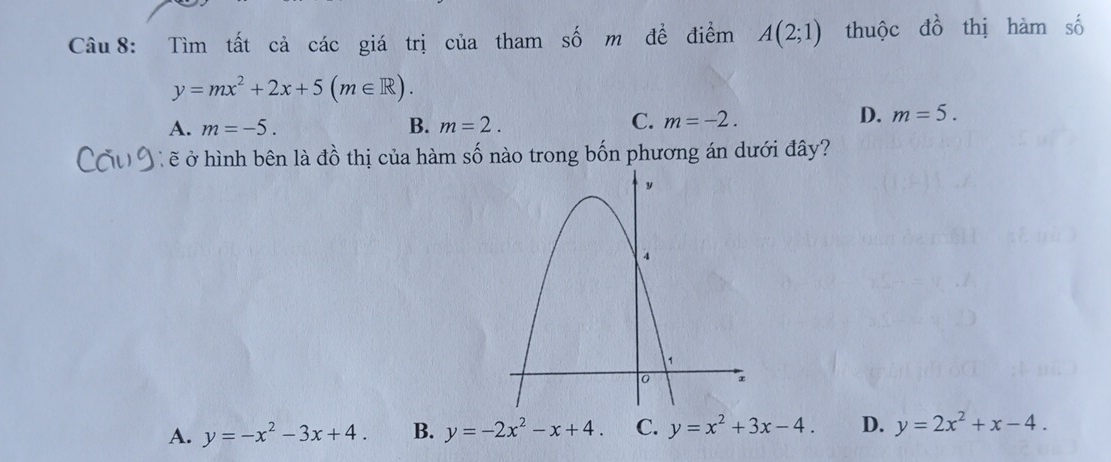 Tìm tất cả các giá trị của tham số m đề điểm A(2;1) thuộc dhat o thị hàm số
y=mx^2+2x+5(m∈ R).
A. m=-5. B. m=2.
C. m=-2.
D. m=5. 
Ở ẽ ở hình bên là đồ thị của hàm số nào trong bốn phương án dưới đây?
A. y=-x^2-3x+4. B. y=-2x^2-x+4. C. y=x^2+3x-4. D. y=2x^2+x-4.