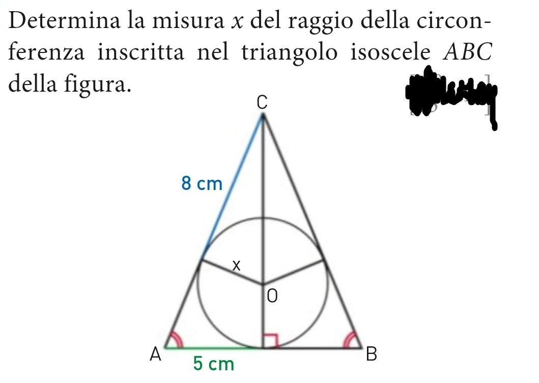 Determina la misura x del raggio della circon- 
ferenza inscritta nel triangolo isoscele ABC
della figura.